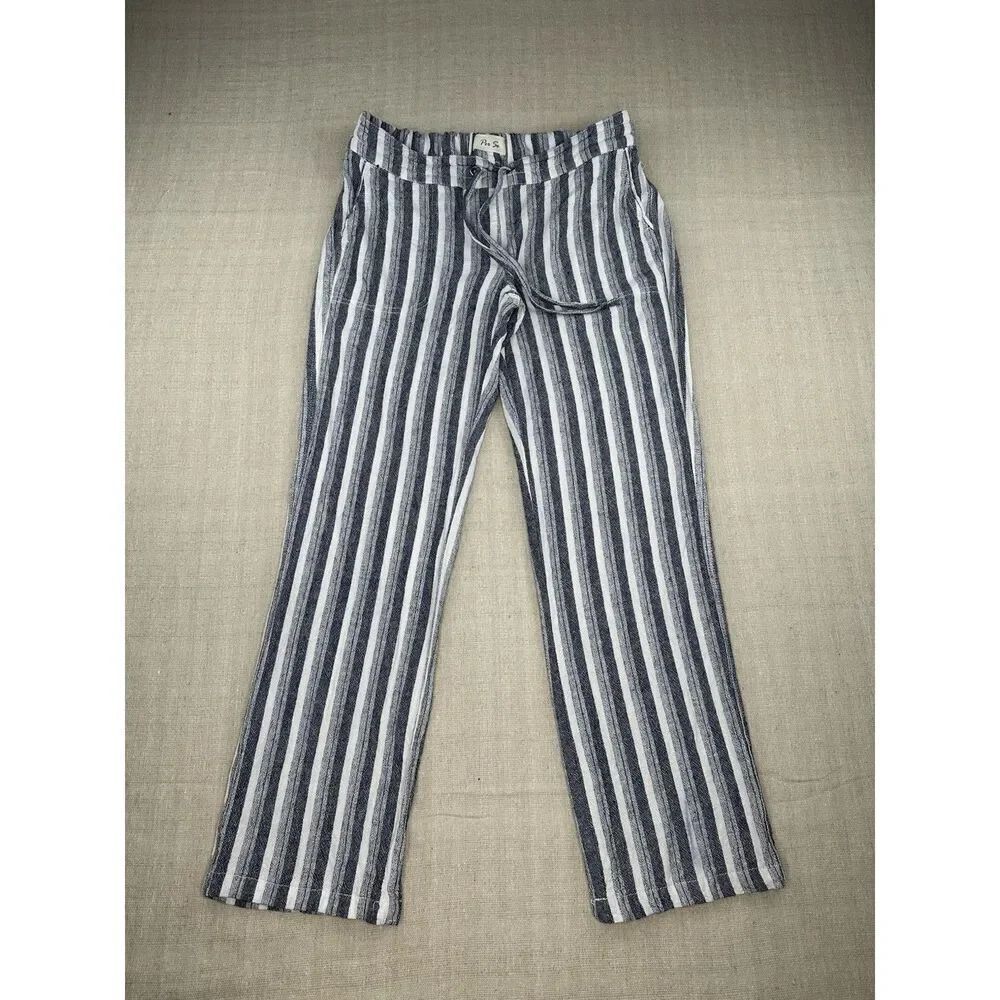 Per Se Navy & White Linen Blend Staright Leg Pull On Pants Women’s Size Small